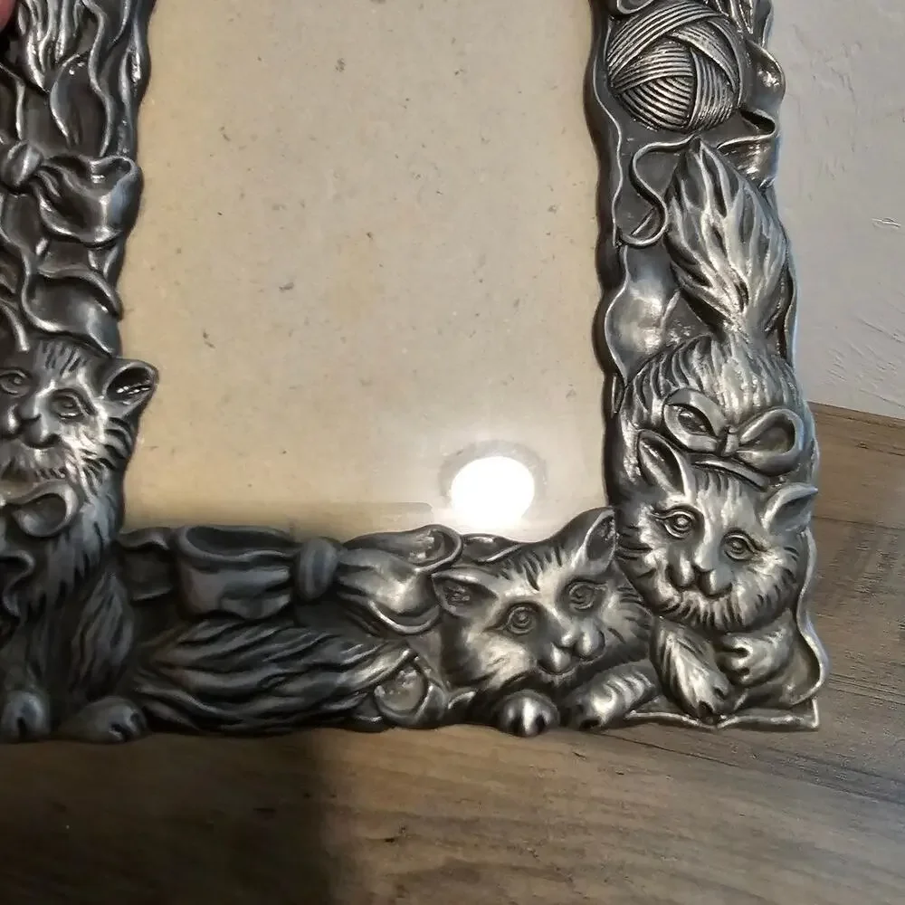 Vintage Pewter Cat Picture Frame MCM Classic Collectible Kitty Kittens Retro 80s